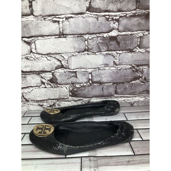 Tory Burch Reva Gold Logo Black Leather Snake Skin Ballet Flats Women Sz 7.5M US - Picture 6 of 16